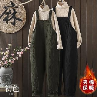 【初色】簡約平口幾何格紋拼接無袖背心式夾棉長褲寬褲連身褲-共2色-32438(M-2XL可選)