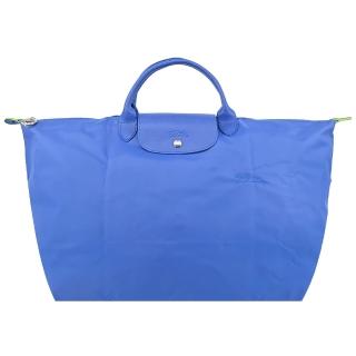 【LONGCHAMP】LE PLIAGE GREEN系列刺繡短把再生尼龍摺疊旅行袋(大/矢車菊藍)