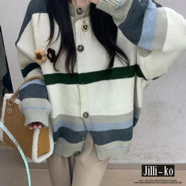 JILLI-KOJILLI-KO 慵懶風寬鬆毛衣女條紋撞色針織外套-F(杏)