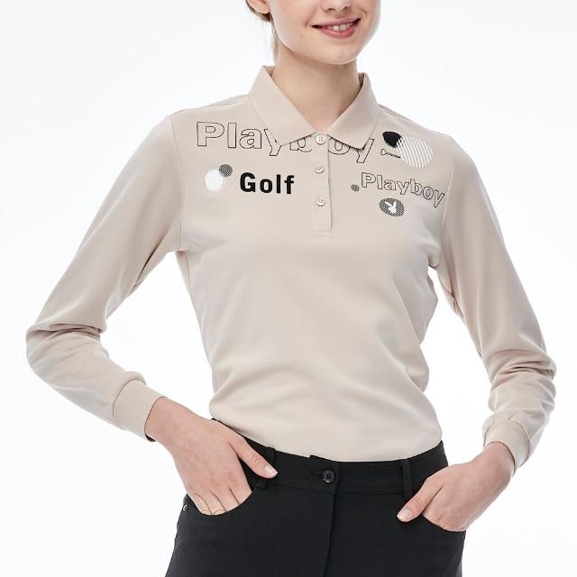 【PLAYBOY GOLF】女款球T標語圖騰吸濕排汗薄長袖POLO衫-卡其(高爾夫球衫/KA23206-75)