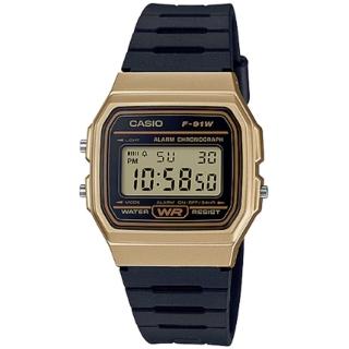 【CASIO 卡西歐】數位顯示運動腕錶-黑x金(F-91WM-9A)