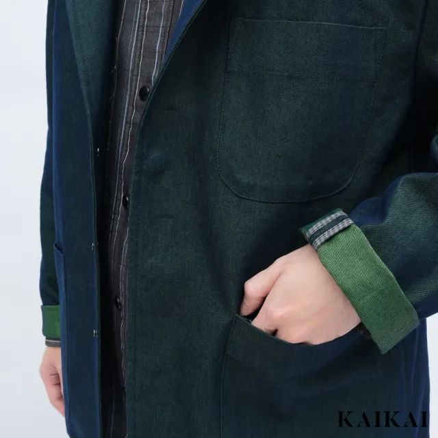 【KAI KAI】映影綠牛仔西裝外套(男款/女款 閃藍綠色牛仔西裝 隱藏扣門襟 設計師丹寧西裝外套)
