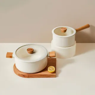 【ONE HOUSE】日式櫸木柄陶瓷不沾鍋IH雙鍋組-多款任選