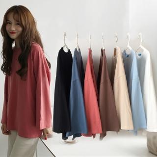 【D.studio】韓版復古色系寬鬆長袖上衣(衣服女裝顯瘦上衣寬鬆上衣百搭素色 必備款長袖T恤素TW66)