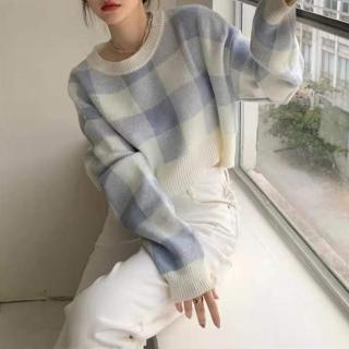 【D.studio】韓版撞色格子短版針織上衣(毛衣長袖短板上衣短版上衣針織上衣 毛衣長袖上衣女裝衣服 W251)