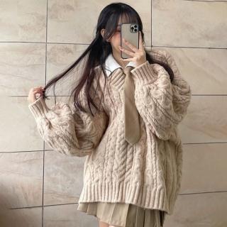 【D.studio】韓版V領溫柔風寬鬆燈籠袖長版毛衣(長版上衣針織上衣女裝長袖上衣衣服連衣裙連身裙 W396)