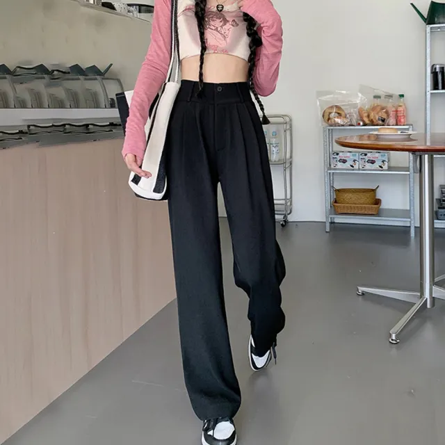 【D.studio】韓版高腰小個子垂感西裝褲(直筒褲 寬褲 褲子 長褲 休閒褲 女裝 P130)
