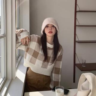 【D.studio】韓版復古格子慵懶風毛衣(針織上衣 短版上衣 長袖上衣 女裝 衣服 短板上衣 冬裝 W251)