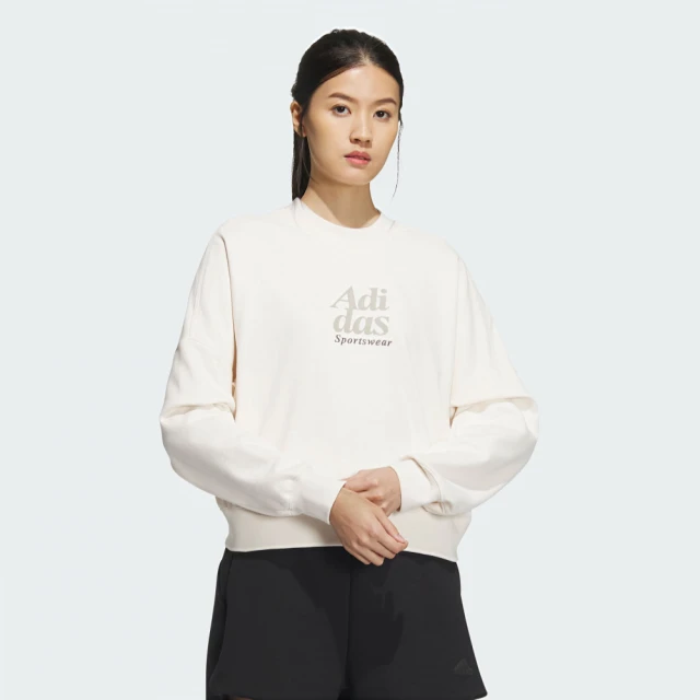 adidas 愛迪達 上衣 女款 長袖上衣 大學T 運動 亞規 LOUNGE FT CREW 粉白 IM8852(S2336)