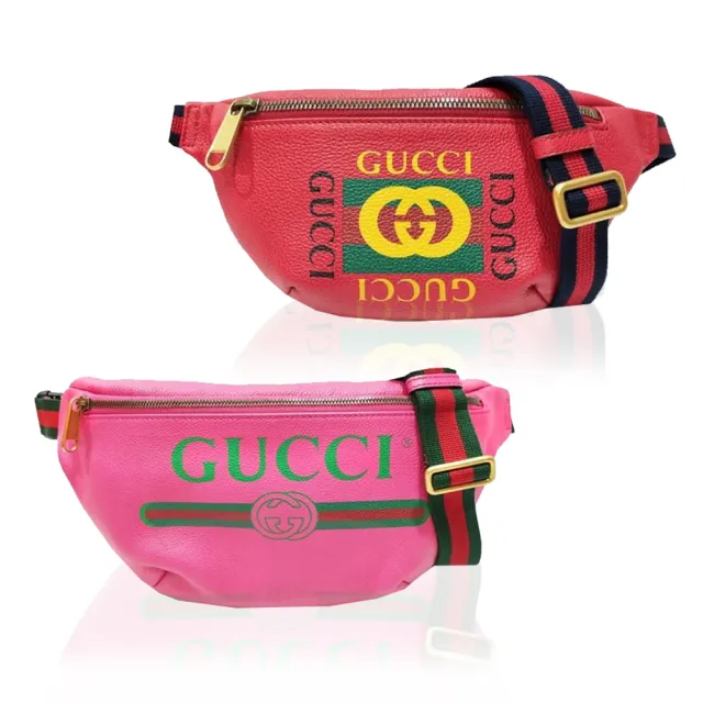 【GUCCI 古馳】經典GUCCI PRINT系列復古綠紅綠織帶牛皮腰包/斜背兩用包(多色可選)