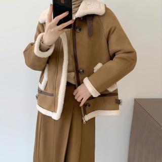 【米蘭精品】現貨+預購 羊羔毛外套麂皮絨大衣(韓系短版加絨加厚女外套2色74hj4)