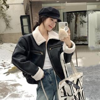 【米蘭精品】現貨+預購 羊羔毛外套皮衣夾克(帥氣加絨保暖短版女外套2色74hj5)