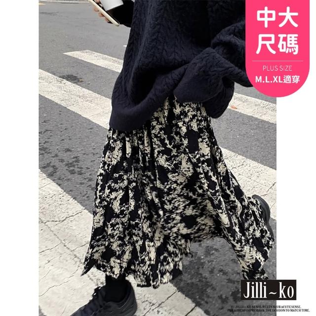 【JILLI-KO】潑墨風扎染女高腰顯瘦A字裙中大尺碼-F(黑)