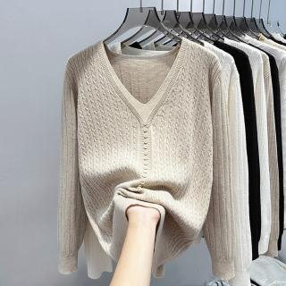 【Paiya 派亞】秋冬新款大碼女裝顯瘦毛衣上衣V領胖mm顯瘦內搭打底針織衫(均碼M-2XL可穿)