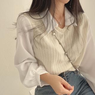 【Amirr 艾米爾】★法式泡泡袖假兩件拼接短款襯衫上衣(女上衣/長袖/翻領)