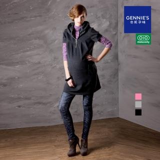 【Gennies 奇妮】010系列-蓬袖連帽洋裝(孕婦裝 親膚 拉鍊 綁帶 雙口袋)