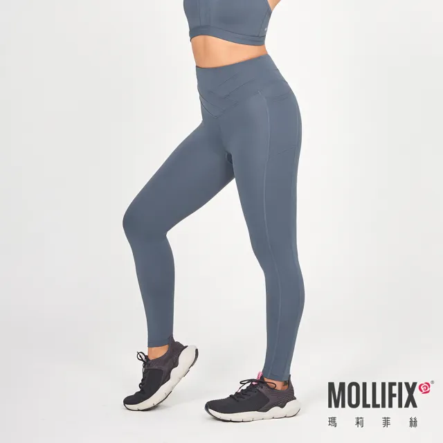 【Mollifix 瑪莉菲絲】前交叉高腰包覆訓練動塑褲、瑜珈服、Legging(松石綠)