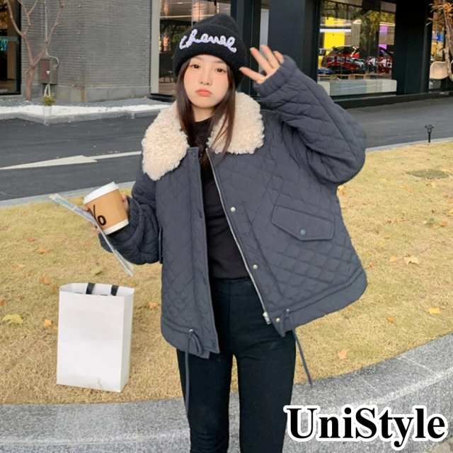 UniStyle 羽絨長袖外套 韓版小香風格紋短夾克 女 Z
