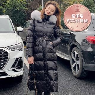 【DearBaby】現貨-90%白鴨絨質感毛領附腰帶顯瘦長版羽絨外套(二色)