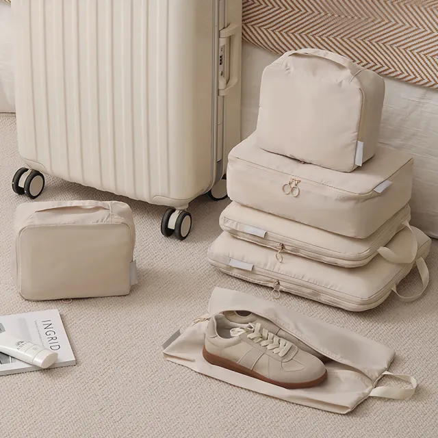 【UNIQE】高質感旅行壓縮袋六件組 衣物收納袋鞋袋 防潑水抗皺 出國旅遊分裝袋 大容量行李箱收納包