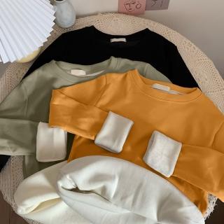 【D.studio】韓版內刷毛保暖素色長袖上衣(女裝 衣服 寬鬆上衣 顯瘦上衣 長袖t恤 冬裝 發熱衣 素T W21)