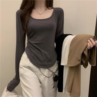 【D.studio】韓版彈性修身顯瘦不規則長袖上衣(女裝 衣服 寬鬆上衣 顯瘦上衣 冬裝 長袖t恤 素T 素色 W202)