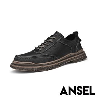 【ANSEL】真皮休閒鞋 擦色休閒鞋/真皮手工擦色立體縫線繫帶休閒鞋-男鞋(黑)