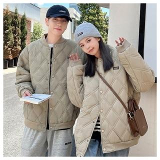【AKARA】男女中性帥氣OVERSIZE菱格紋羽絨外套