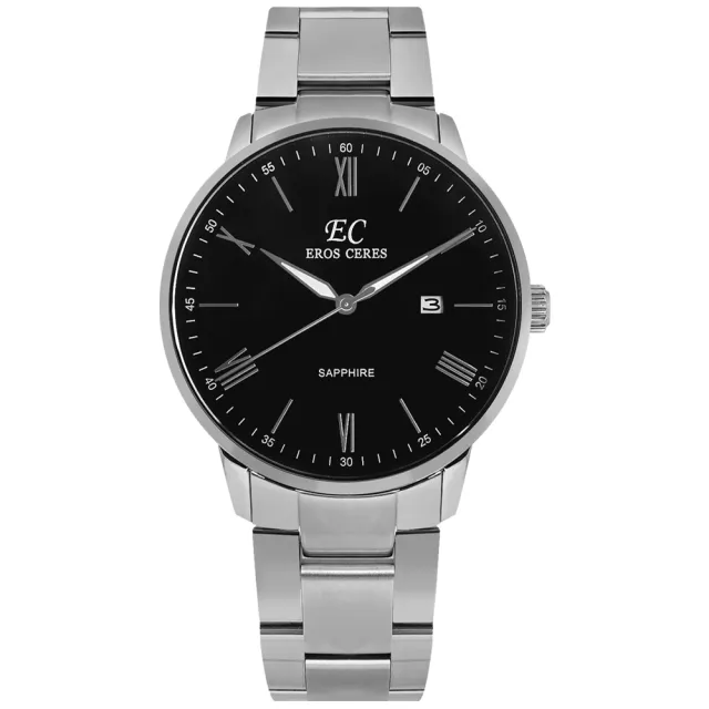 【EROS CERES】簡約時尚 羅馬刻度 藍寶石水晶玻璃 日期 不鏽鋼手錶 黑色 43mm(GQ34328S-BK)