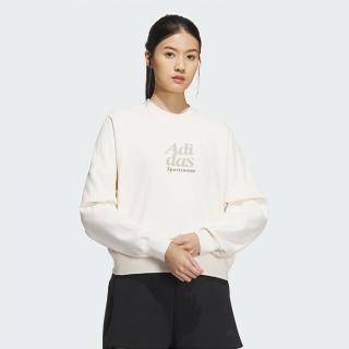 【adidas 愛迪達】上衣 女款 長袖上衣 大學T 運動 亞規 LOUNGE FT CREW 粉白 IM8852(S2336)