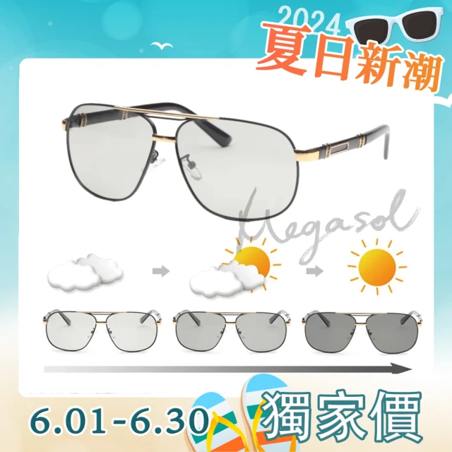 【MEGASOL】寶麗萊UV400偏光矩方金屬雷X太陽眼鏡(感光變色全天候適用-BS0960)