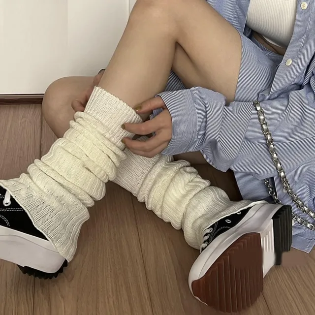 【Porabella】素色中筒襪 小腿襪 堆堆襪 女襪 中筒襪 堆堆襪保暖坑條豎條紋保暖襪套 SOCKS