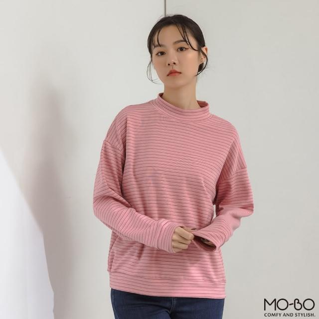 【MO-BO】MIT磨毛條紋寬鬆高領上衣