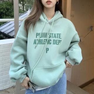 【Amirr 艾米爾】★ 加絨連帽字母印花衛衣(女上衣/長袖/帽T)