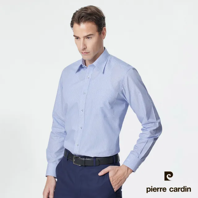 【pierre cardin 皮爾卡登】男襯衫 吸濕排汗舒適透氣棉混紡條紋長袖襯衫_藍色細條(52854-32)