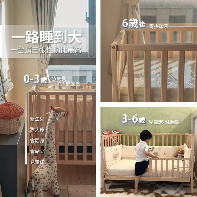【La Joie 喬依思】喬依思四合一成長型嬰兒床-原木色(附美式壓力棉床墊10cm+剎車腳輪+小護欄)