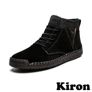 【Kiron】絨面短靴 繫帶短靴/個性襪套拼接手工縫線質感絨面繫帶短靴 休閒鞋-男鞋(黑)