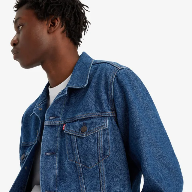 【LEVIS】男款 TYPE 3經典修身牛仔外套 / 提花壓印 / 藍 熱賣單品 72334-0408