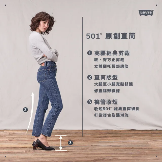 【LEVIS】女 501Crop高腰合身直筒牛仔長褲/精工中藍染刷白/及踝款/彈性布料 熱賣單品 36200-0291