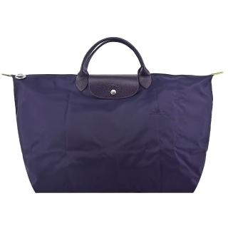 【LONGCHAMP】LE PLIAGE GREEN系列刺繡短把再生尼龍摺疊旅行袋(大/藍莓)