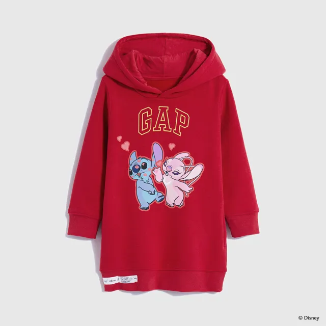 【GAP】女幼童裝 Gap x 史迪奇聯名 Logo印花刷毛連帽長袖洋裝-紅色(847191)