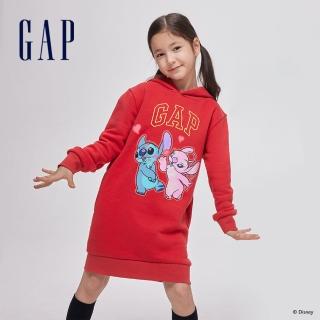 【GAP】女童裝 Gap x 史迪奇聯名 Logo印花刷毛連帽長袖洋裝-紅色(847160)