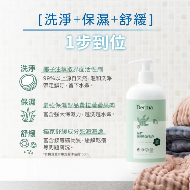 【Derma 丹麥德瑪】寶寶有機水嫩洗髮沐浴露家庭號 500ml(嬰幼兒/不流淚配方/三合一)