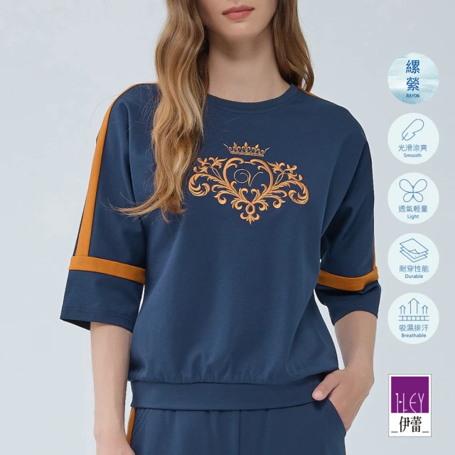 ILEY 伊蕾 撞色連袖刺繡羅馬布上衣(深藍色；M-XL；1233021036)