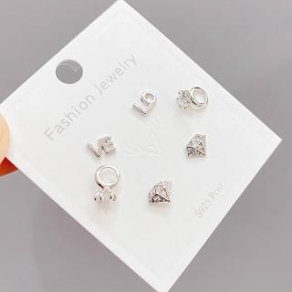 【Umi】一卡3對925純銀針微鑲鋯石LOVE字母單鑽戒指鑽石造型耳環(日韓時尚潮流耳飾耳針耳墜耳釘)