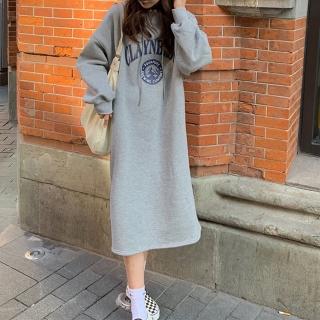 【ONEY 歐妮】★下擺開岔慵懶美式連帽連身裙(女上衣/長袖/連衣裙)