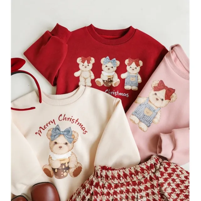 【安朵童舖】現貨韓版兒童加絨長袖上衣女寶上衣小熊圓領上衣女童拜年服(126)