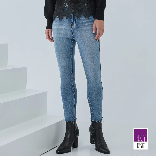 ILEY 伊蕾 亮鑽鍊條織帶牛仔窄管褲(藍色；M-XL；1233268605)