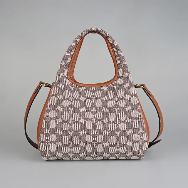 【COACH】COACH Lana 23經典雙C字LOGO緹花帆布拼接牛皮開口式手提/斜背菜籃子包(棕x琥珀)