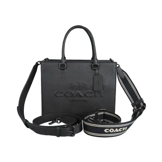 【COACH】COACH立體浮雕LOGO牛皮雙背帶設計拉鍊手提/斜背托特包(黑)